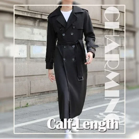 💫 Men Black Long Trench Coat Oversized Casual windbreaker Double Breasted Coat - Picture 2 of 7
